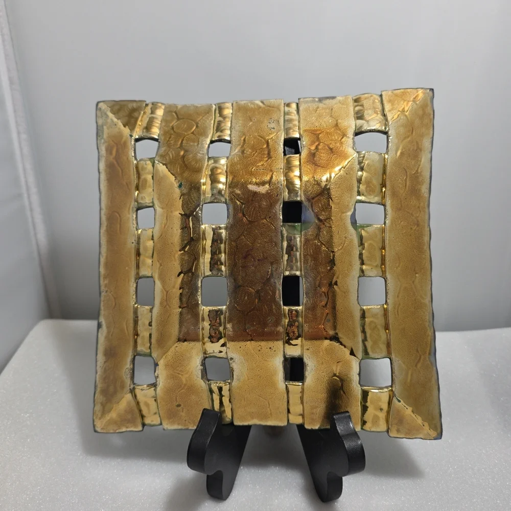 Il Vetraio Italy Fused Art Glass Plate Bowl 7.5” Green Blue Checkered (OT)